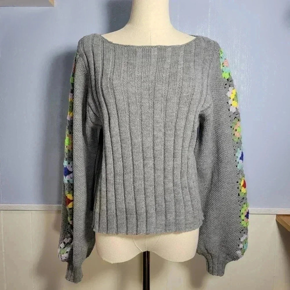 Unbranded Gray Granny Patch Wide Sleeve Lightweight Fall Pullover Sweater - Picture 1 of 9